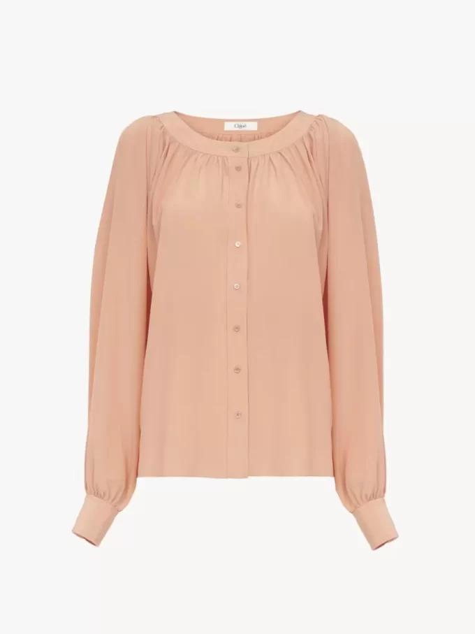 Blusa con cuello redondo en crepé de China