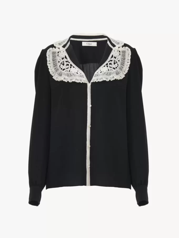 Blusa con volantes en crepé de China y encaje