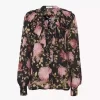 Blusa con volantes y cuello en V en charmeuse de seda
