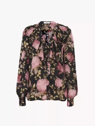 Blusa con volantes y cuello en V en charmeuse de seda