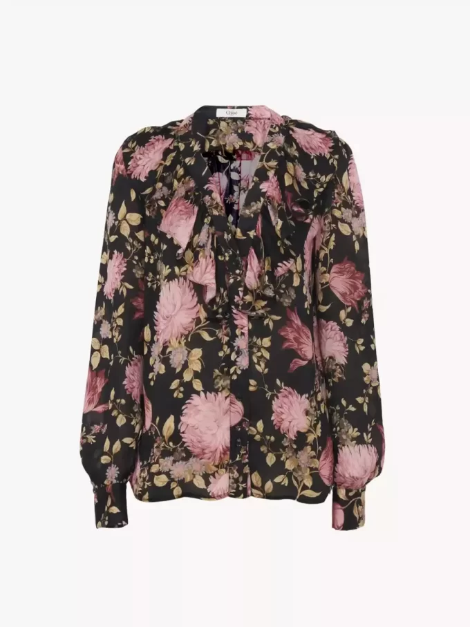 Blusa con volantes y cuello en V en charmeuse de seda
