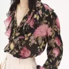 Blusa con volantes y cuello en V en charmeuse de seda