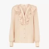 Blusa con volantes y cuello en V en habotai de seda