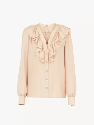 Blusa con volantes y cuello en V en habotai de seda