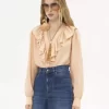Blusa con volantes y cuello en V en habotai de seda