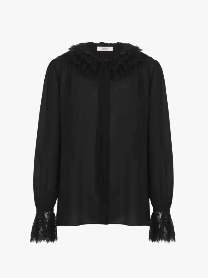 Blusa fluida de georgette de seda y encaje