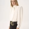 Blusa fruncida con lazo en crepé de China y encaje