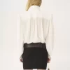 Blusa fruncida con lazo en crepé de China y encaje