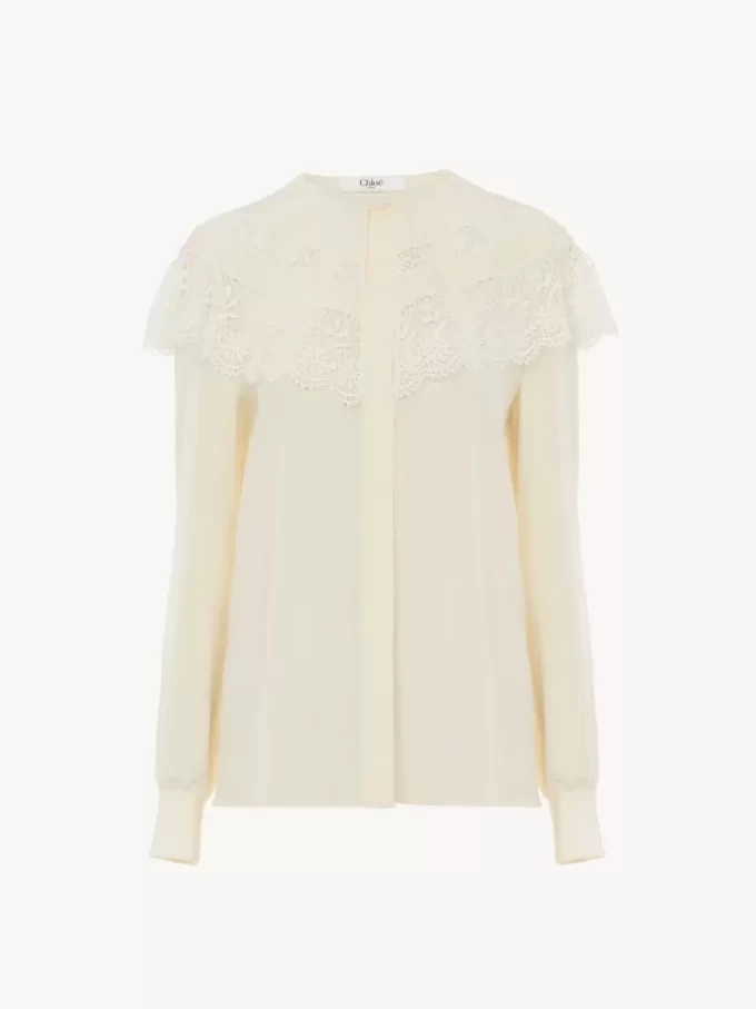 Blusa fruncida en crepé de China y encaje