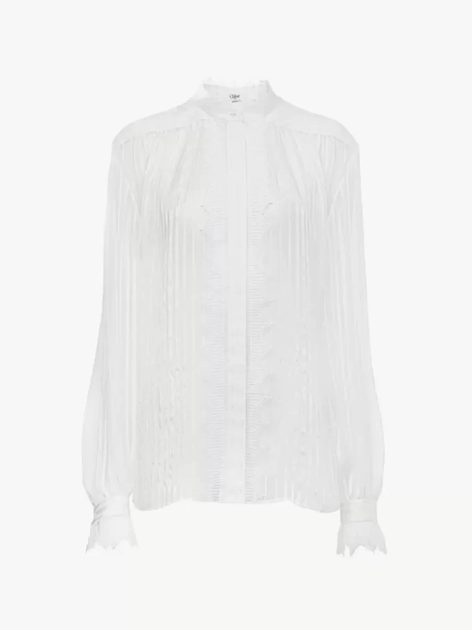 Blusa fruncida en muselina de seda y encaje