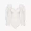 Body con mangas abullonadas en jersey elástico brillante y encaje