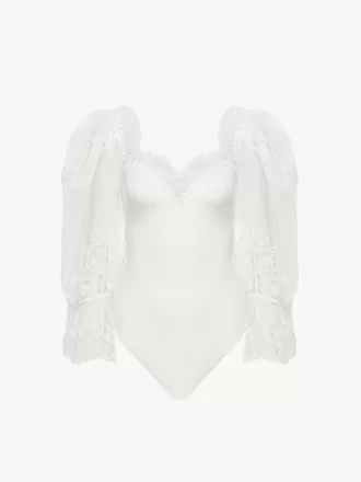 Body con mangas abullonadas en jersey elástico brillante y encaje