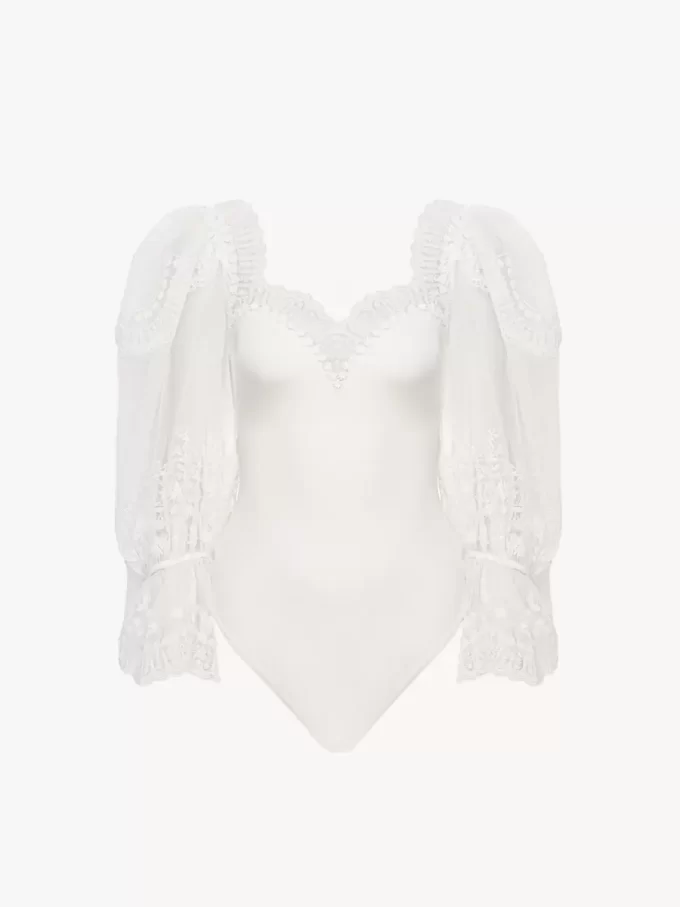 Body con mangas abullonadas en jersey elástico brillante y encaje