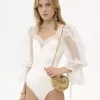 Body con mangas abullonadas en jersey elástico brillante y encaje