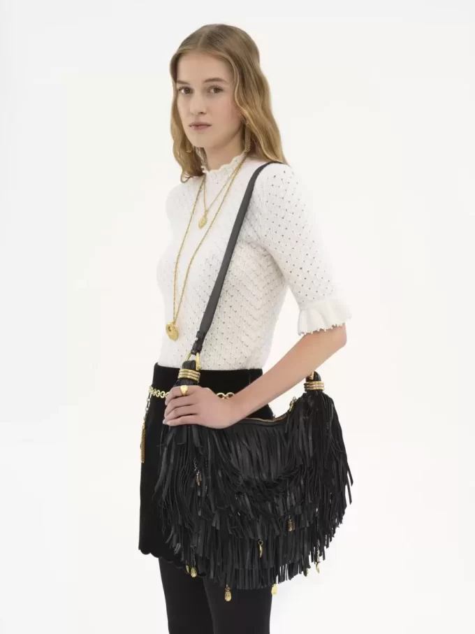 Bolso Hobo pequeño tipo pulsera en piel con flecos
