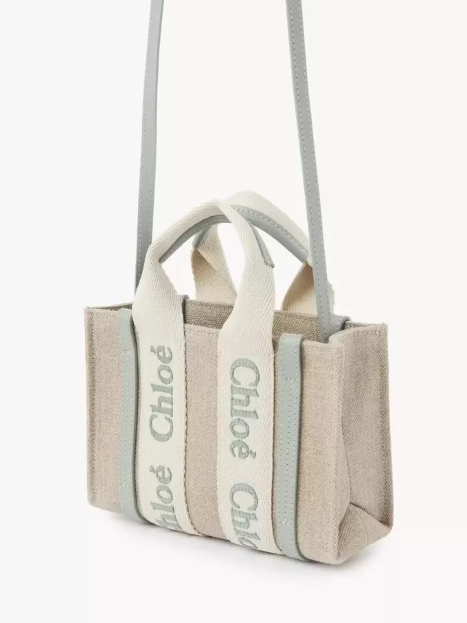 Bolso tote Mini Woody en lino y piel Bolso tote Mini Woody en lino y piel
