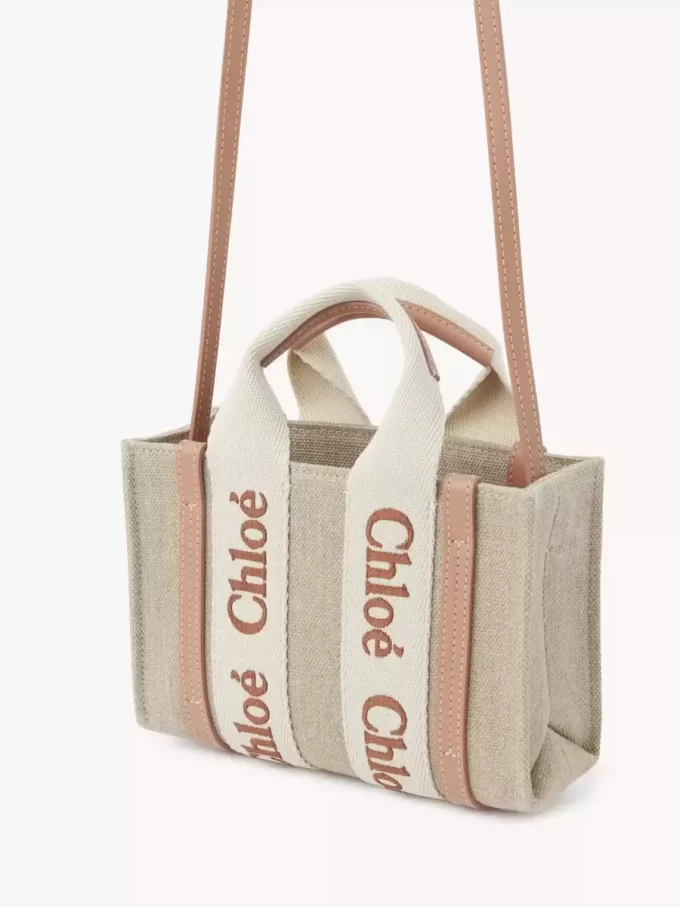 Bolso tote Mini Woody en lino y piel Bolso tote Mini Woody en lino y piel