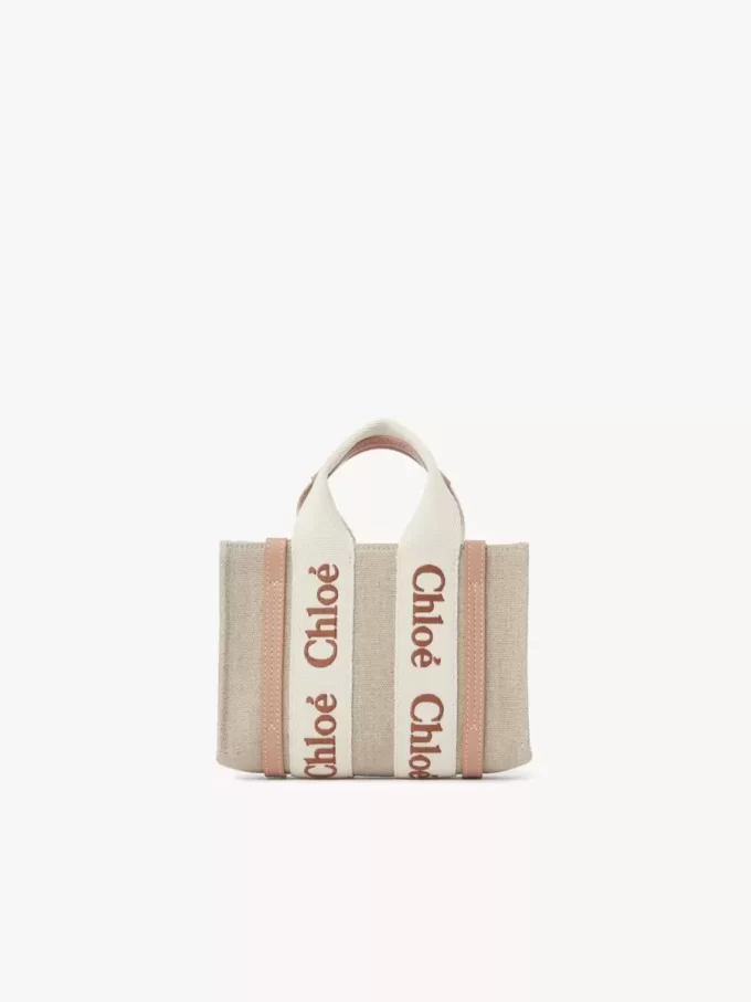Bolso tote Mini Woody en lino y piel Bolso tote Mini Woody en lino y piel