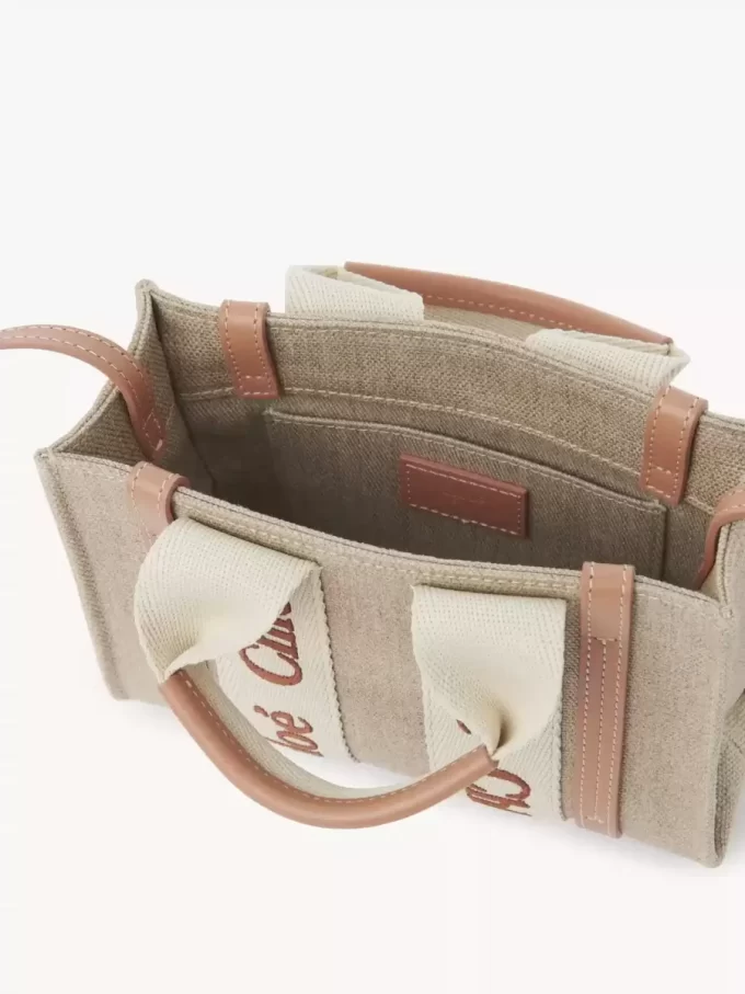 Bolso tote Mini Woody en lino y piel Bolso tote Mini Woody en lino y piel
