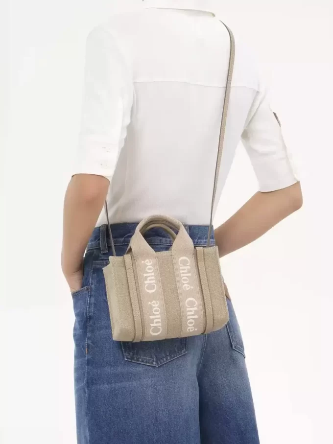 Bolso tote Mini Woody en lino y piel Bolso tote Mini Woody en lino y piel