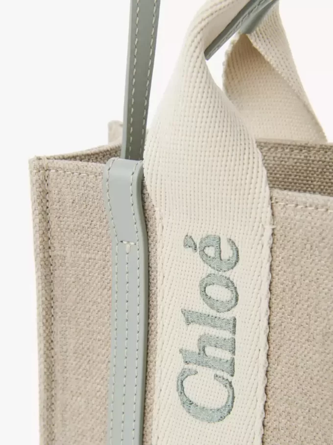 Bolso tote Mini Woody en lino y piel Bolso tote Mini Woody en lino y piel