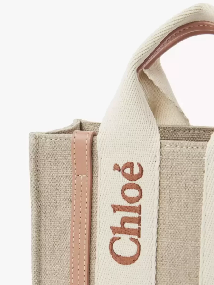 Bolso tote Mini Woody en lino y piel Bolso tote Mini Woody en lino y piel