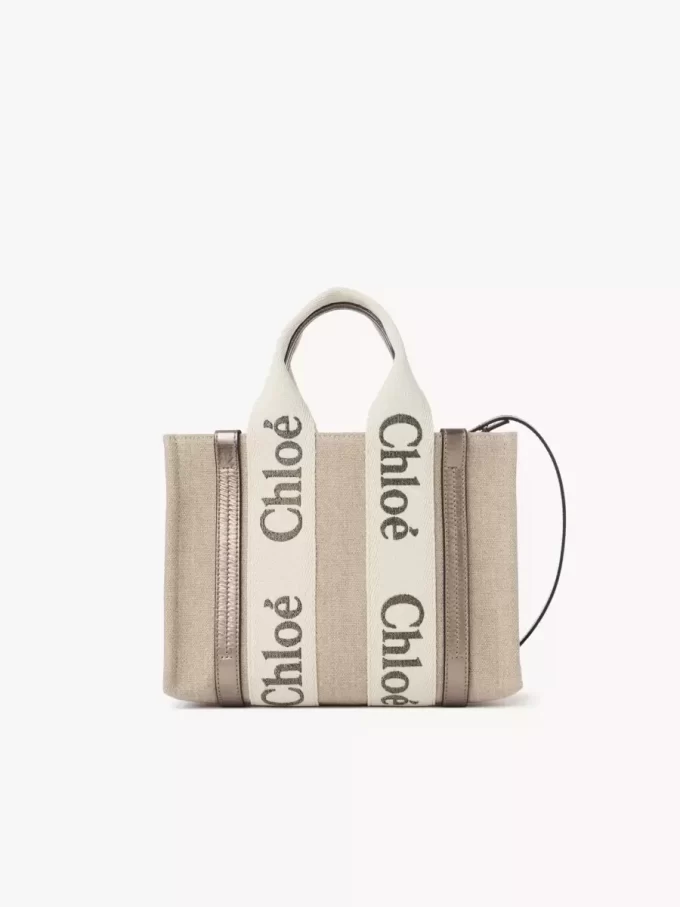 Bolso tote Woody pequeño en lino y piel Bolso tote Woody pequeño en lino y piel