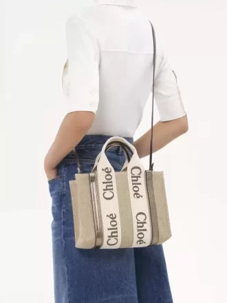 Bolso tote Woody pequeño en lino y piel