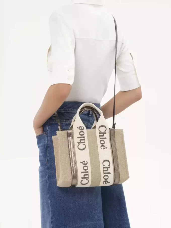 Bolso tote Woody pequeño en lino y piel Bolso tote Woody pequeño en lino y piel