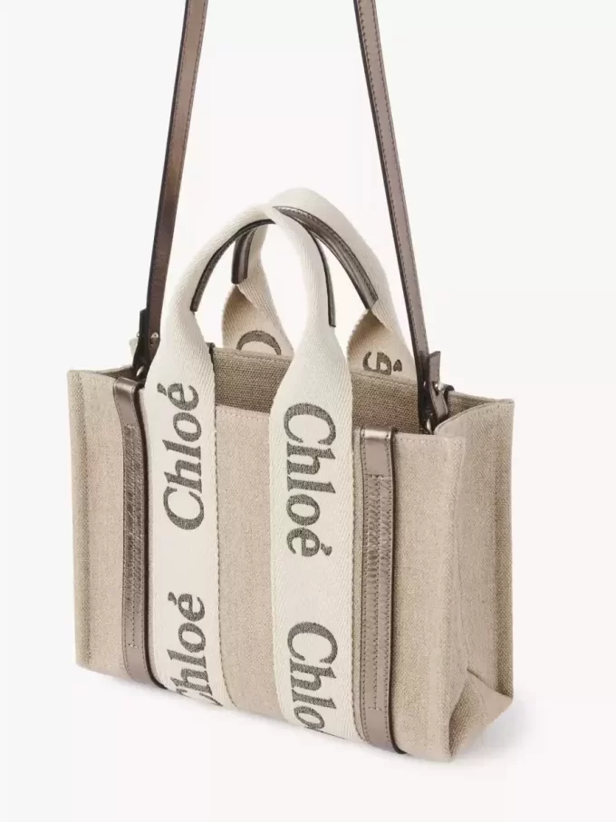 Bolso tote Woody pequeño en lino y piel Bolso tote Woody pequeño en lino y piel