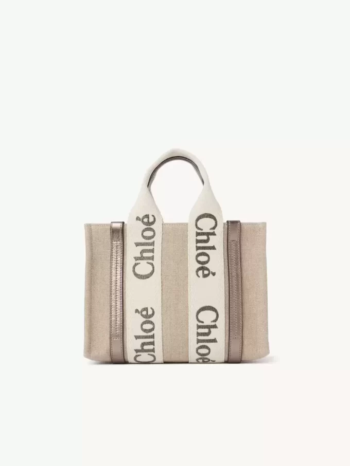 Bolso tote Woody pequeño en lino y piel Bolso tote Woody pequeño en lino y piel