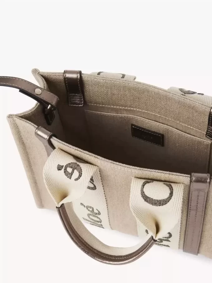 Bolso tote Woody pequeño en lino y piel Bolso tote Woody pequeño en lino y piel