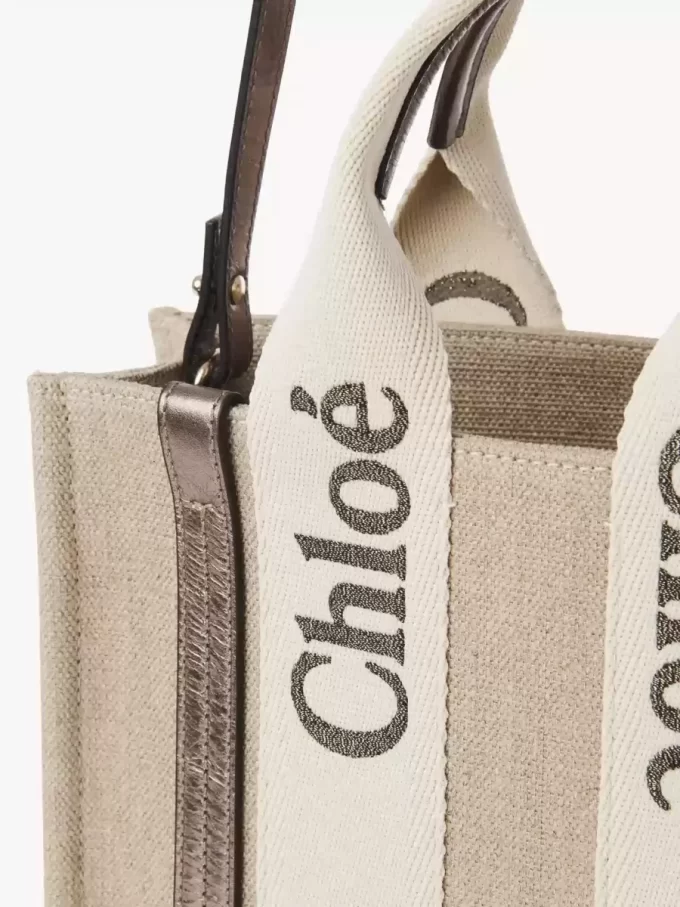 Bolso tote Woody pequeño en lino y piel Bolso tote Woody pequeño en lino y piel