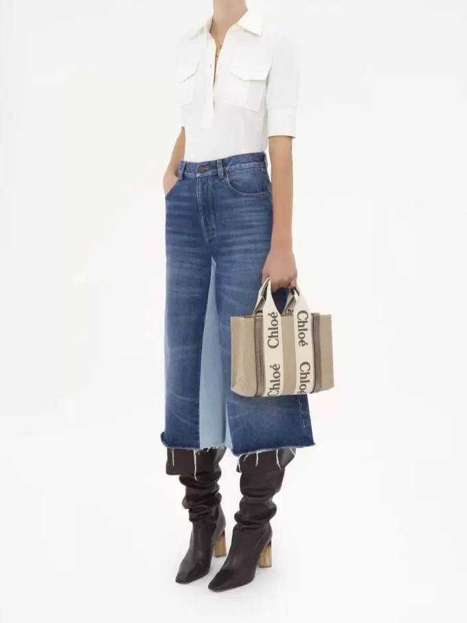 Bolso tote Woody pequeño en lino y piel Bolso tote Woody pequeño en lino y piel