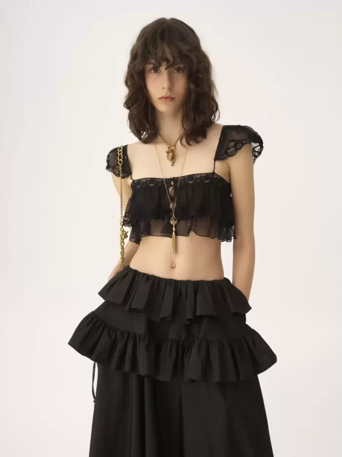 Bralette con volantes en muselina de seda y encaje Bralette con volantes en muselina de seda y encaje