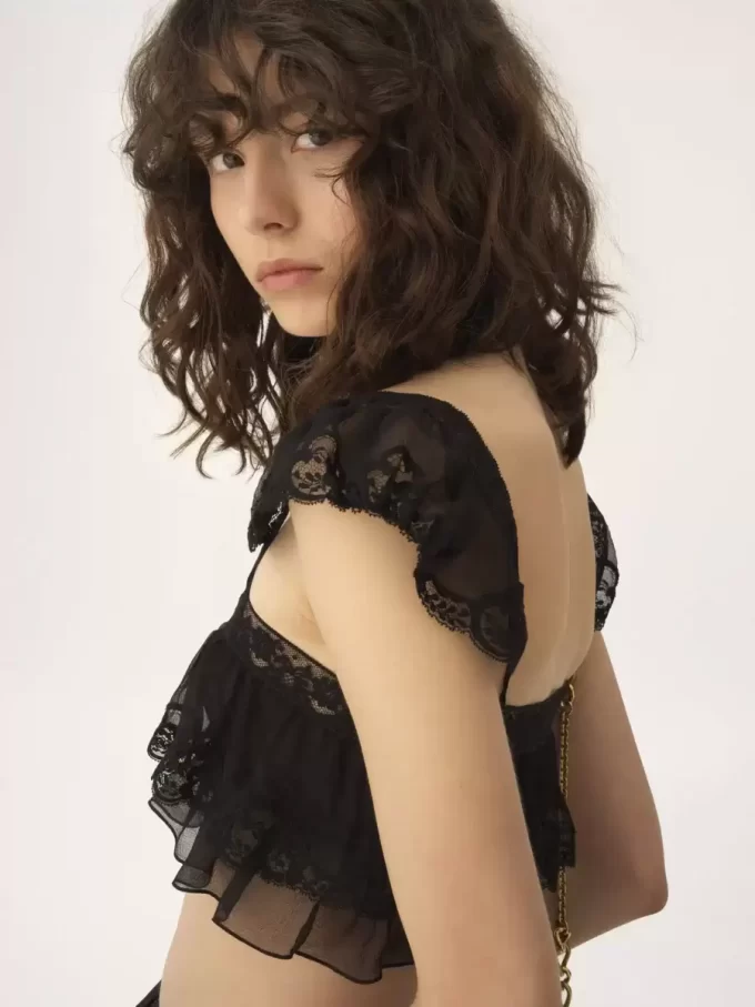 Bralette con volantes en muselina de seda y encaje Bralette con volantes en muselina de seda y encaje