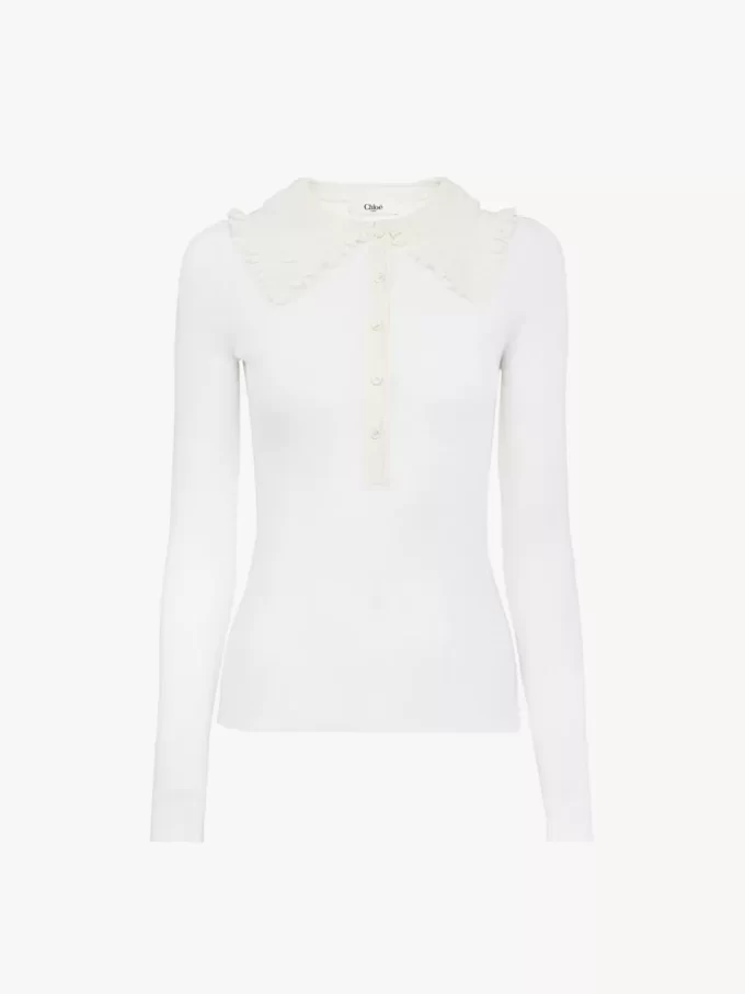 Camisa Henley con cuello en punto de lana superfina y encaje
