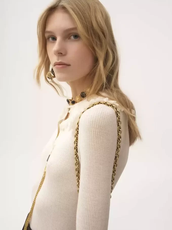Camisa Henley con cuello en punto de lana superfina y encaje