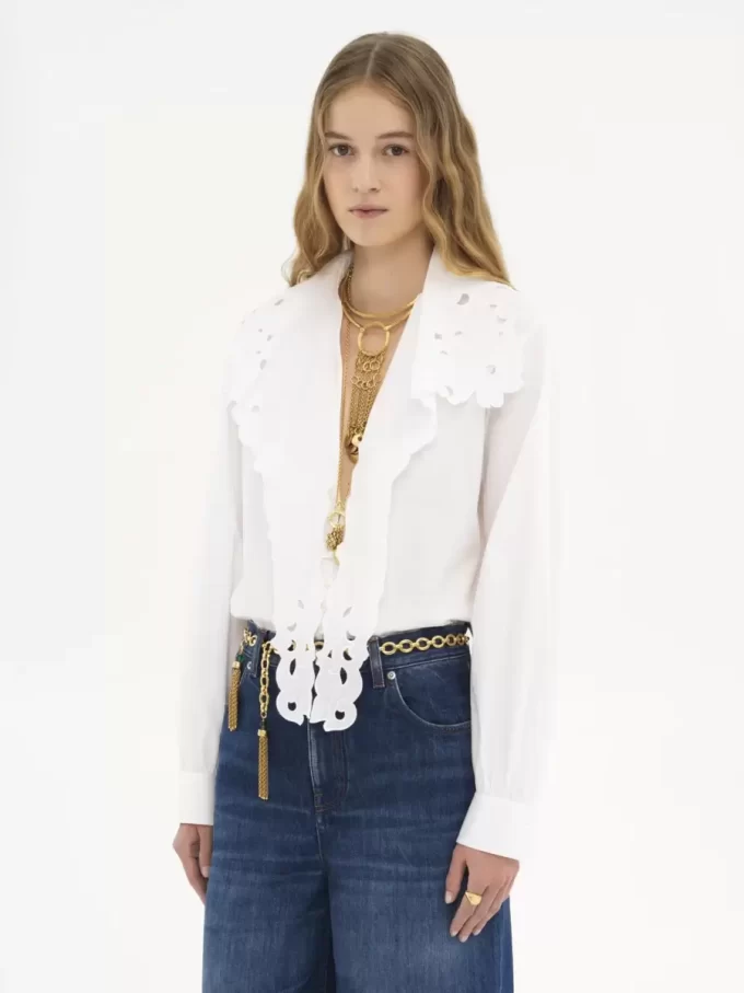 Camisa lavallière bordada de popelina de algodón