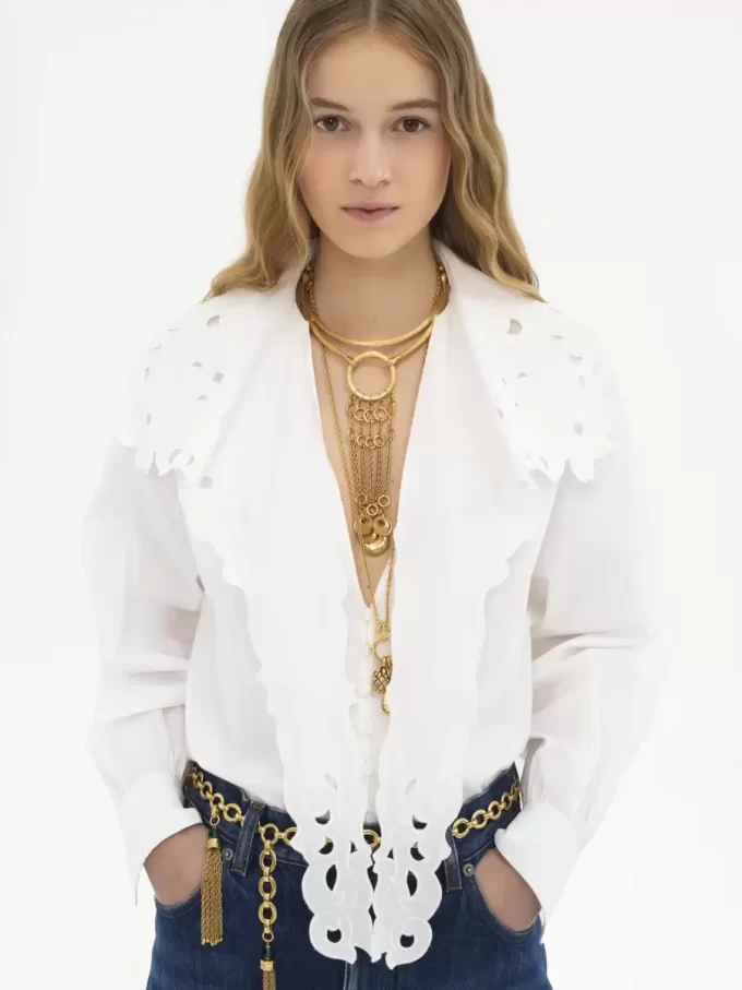 Camisa lavallière bordada de popelina de algodón