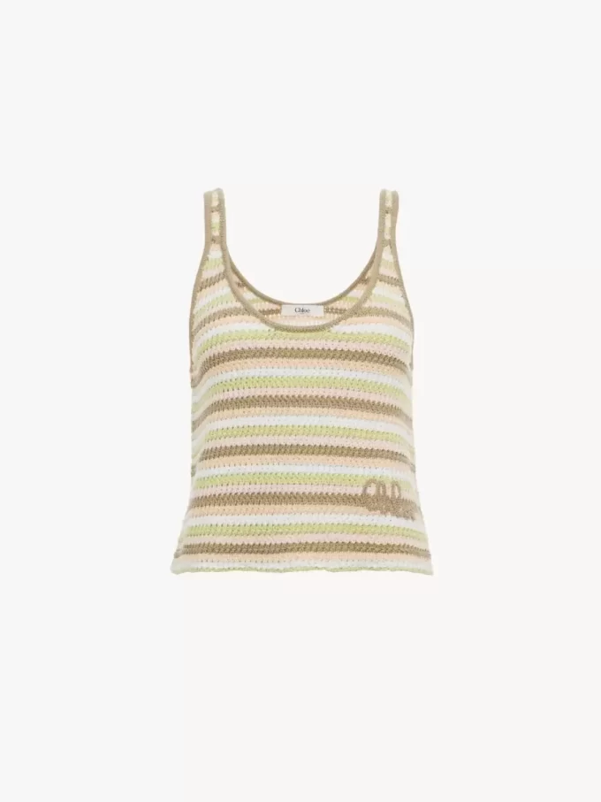 Camiseta sin mangas corta con logotipo en tejido de crochet de algodón Camiseta sin mangas corta con logotipo en tejido de crochet de algodón