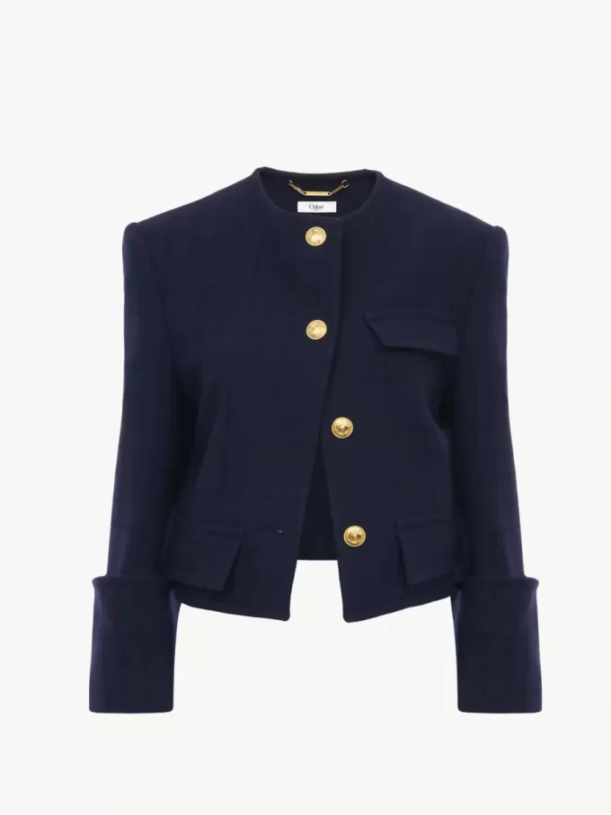 Chaqueta cuadrada sin cuello de cuadros de lana
