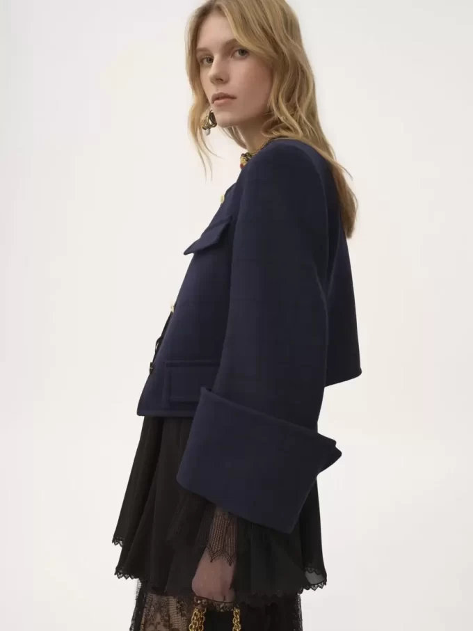 Chaqueta cuadrada sin cuello de cuadros de lana