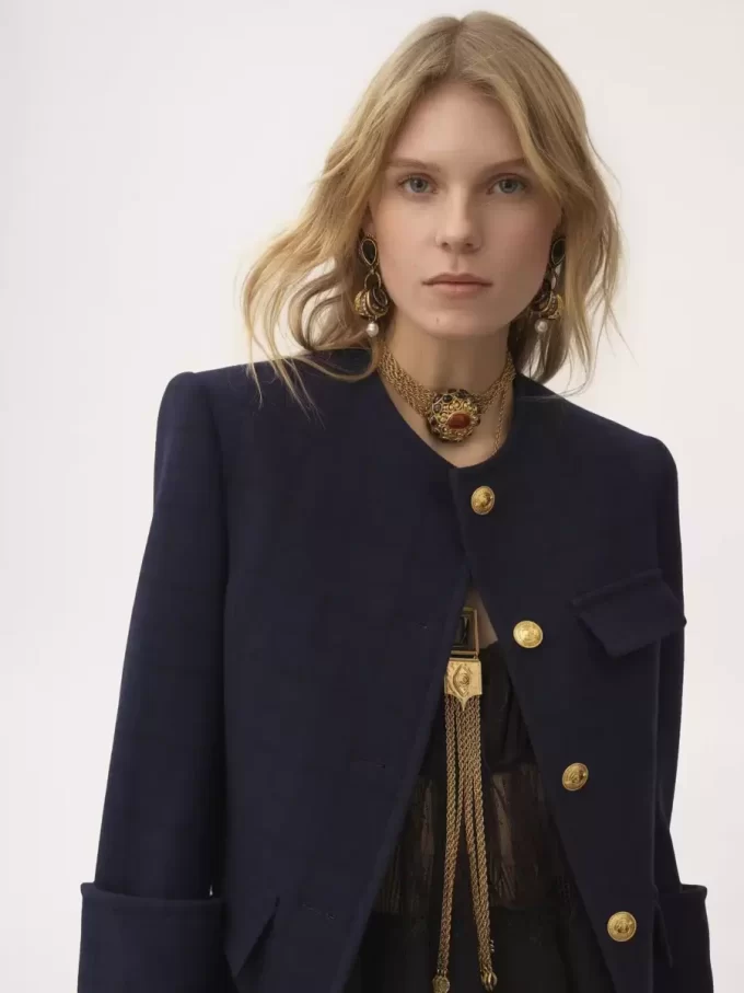 Chaqueta cuadrada sin cuello de cuadros de lana