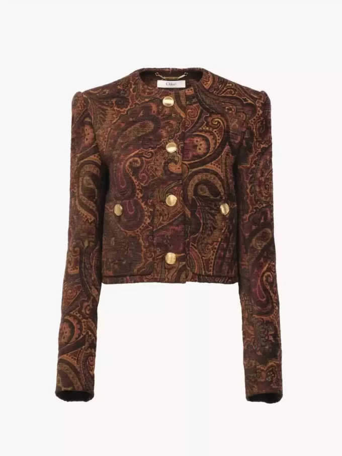 Chaqueta cuadrada sin cuello en jacquard tapiz