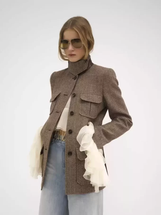 Chaqueta larga de oficial en lana con diseño de espiga Chaqueta larga de oficial en lana con diseño de espiga