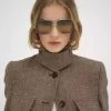 Chaqueta larga de oficial en lana con diseño de espiga Chaqueta larga de oficial en lana con diseño de espiga