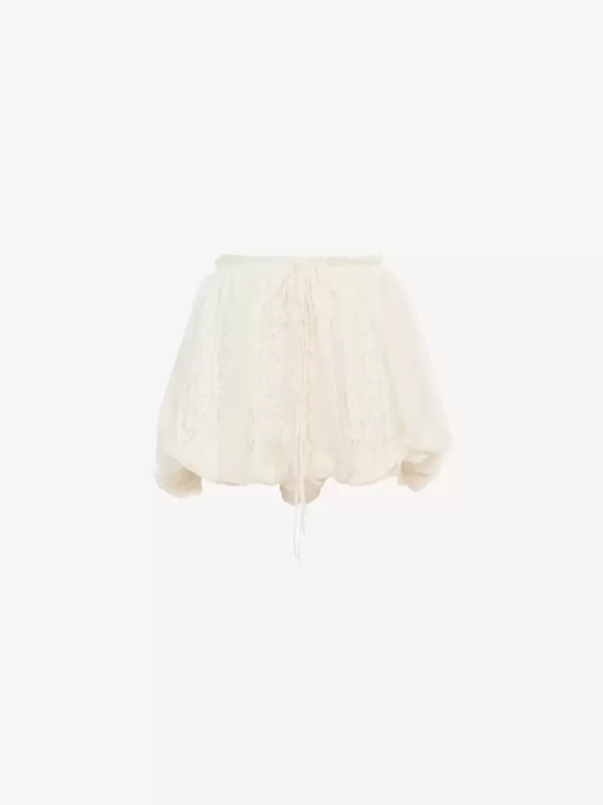 Mini shorts bombachos de muselina de seda con encaje floral Mini shorts bombachos de muselina de seda con encaje floral