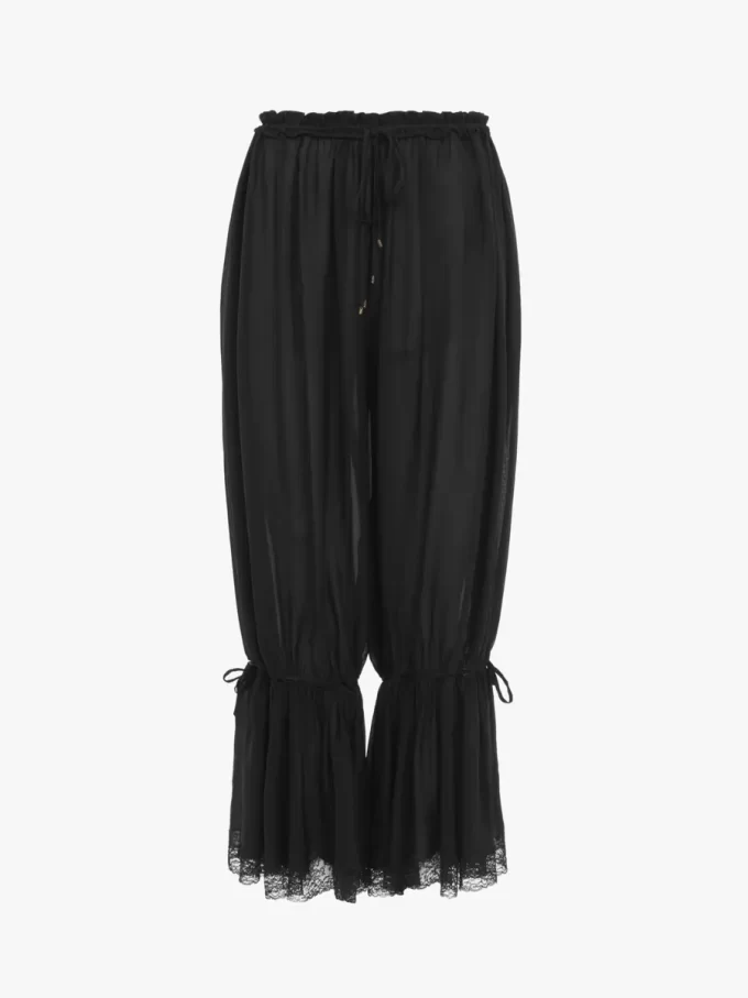 Pantalones fluidos cropped en charmeuse de seda y encaje