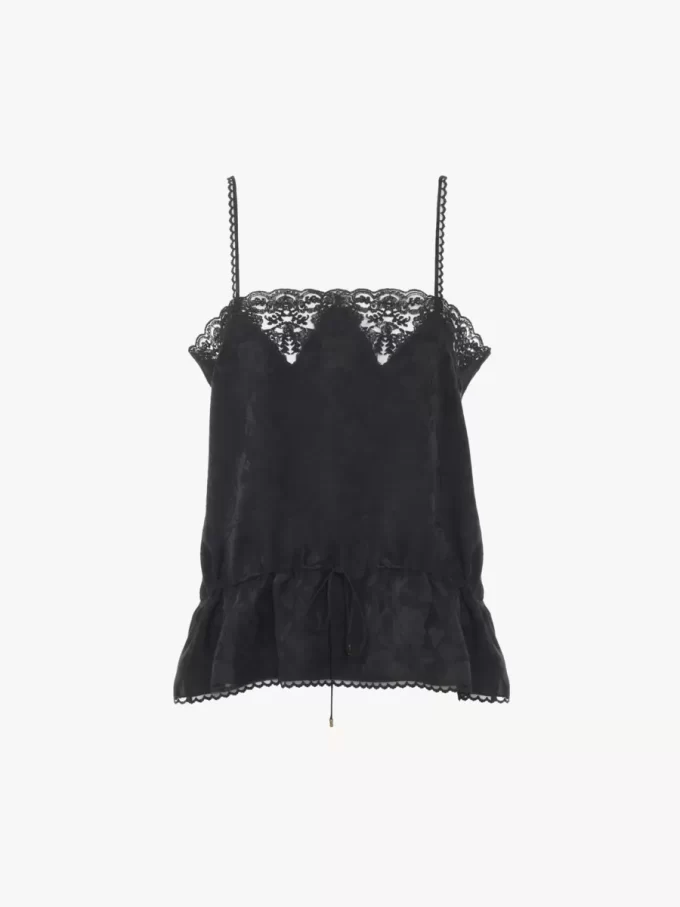 Top camisola con cordón en jacquard de seda y encaje Top camisola con cordón en jacquard de seda y encaje